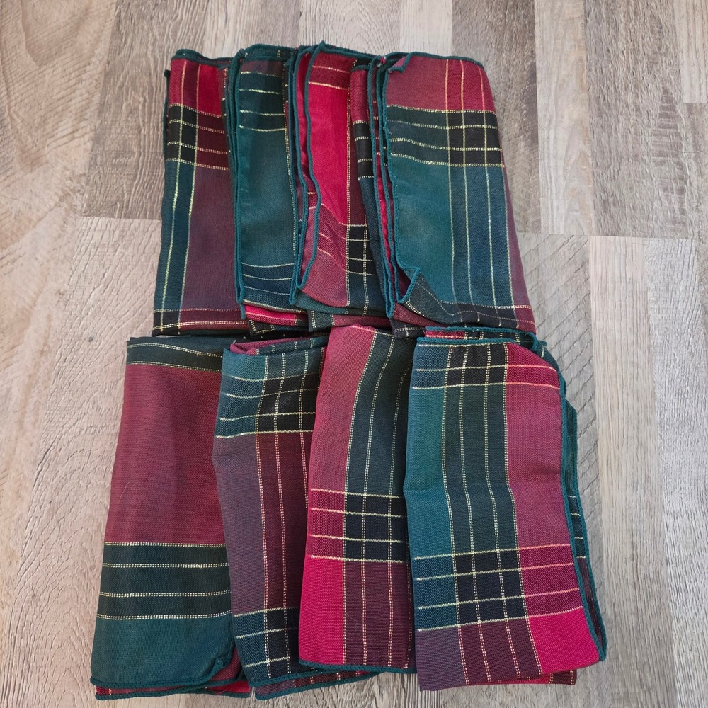 Holiday Plaid Linen Napkins Red Green Gold Metallic Christmas Table Set of 8